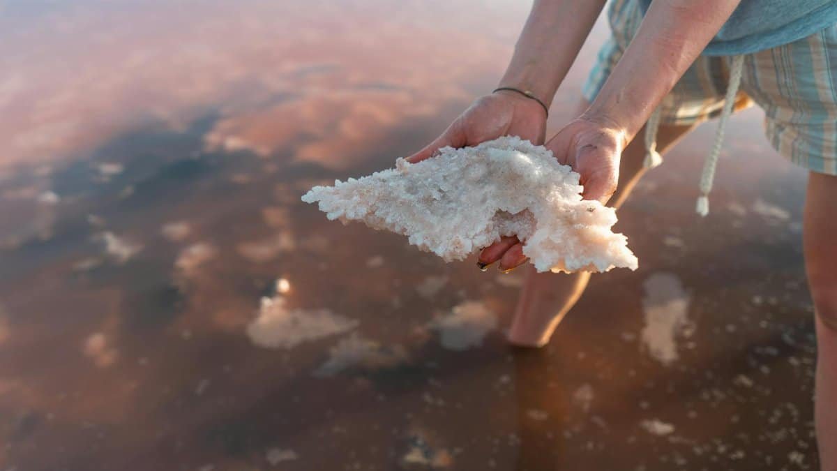 Close-up of hands holding salt crystals from a shallow saline lake at sunset.