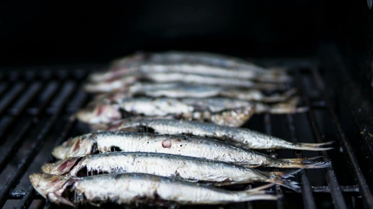 Close-up of sardines being grilled, perfect for healthy seafood cuisine.