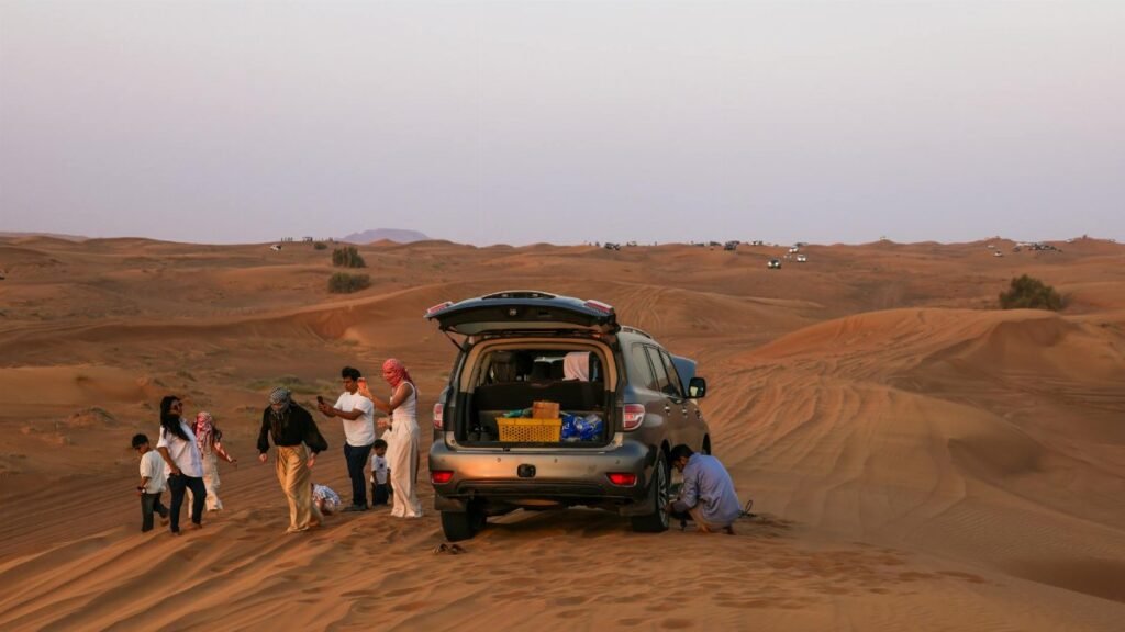 A group enjoying a scenic Sahara desert adventure with a 4x4 vehicle.