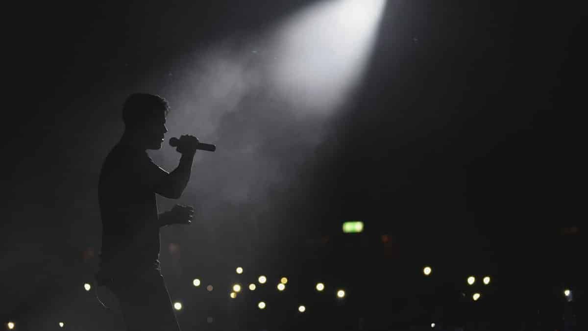 Silhouette of a singer performing under a spotlight with an audience in the dark, Tehran concert.