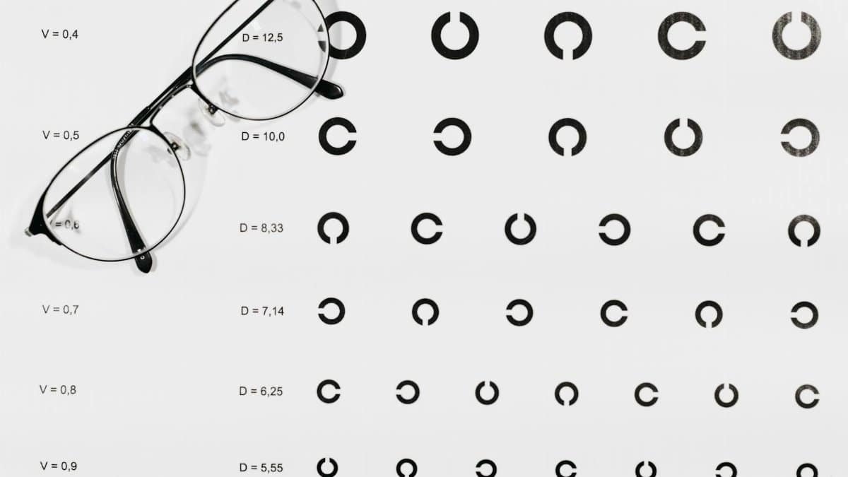 Close-up of eyeglasses placed on visual acuity test chart, symbolizing vision testing.