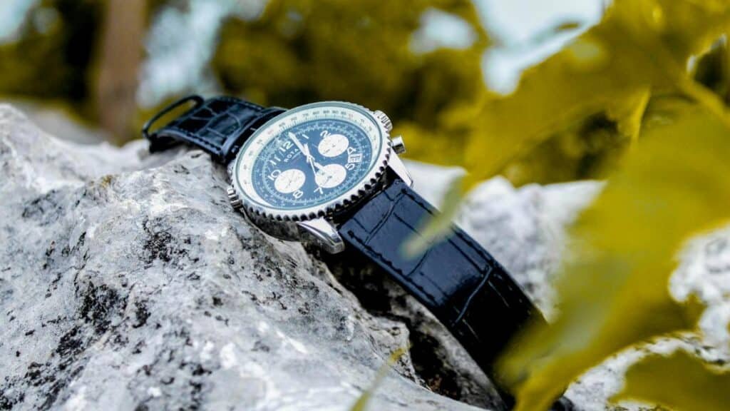 Elegant wristwatch with blue strap placed on a rock surrounded by vibrant foliage.