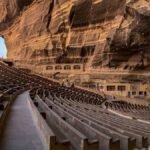 Panoramic view of St. Simon the Tanner Monastery's cave church seating area in Cairo, Egypt.