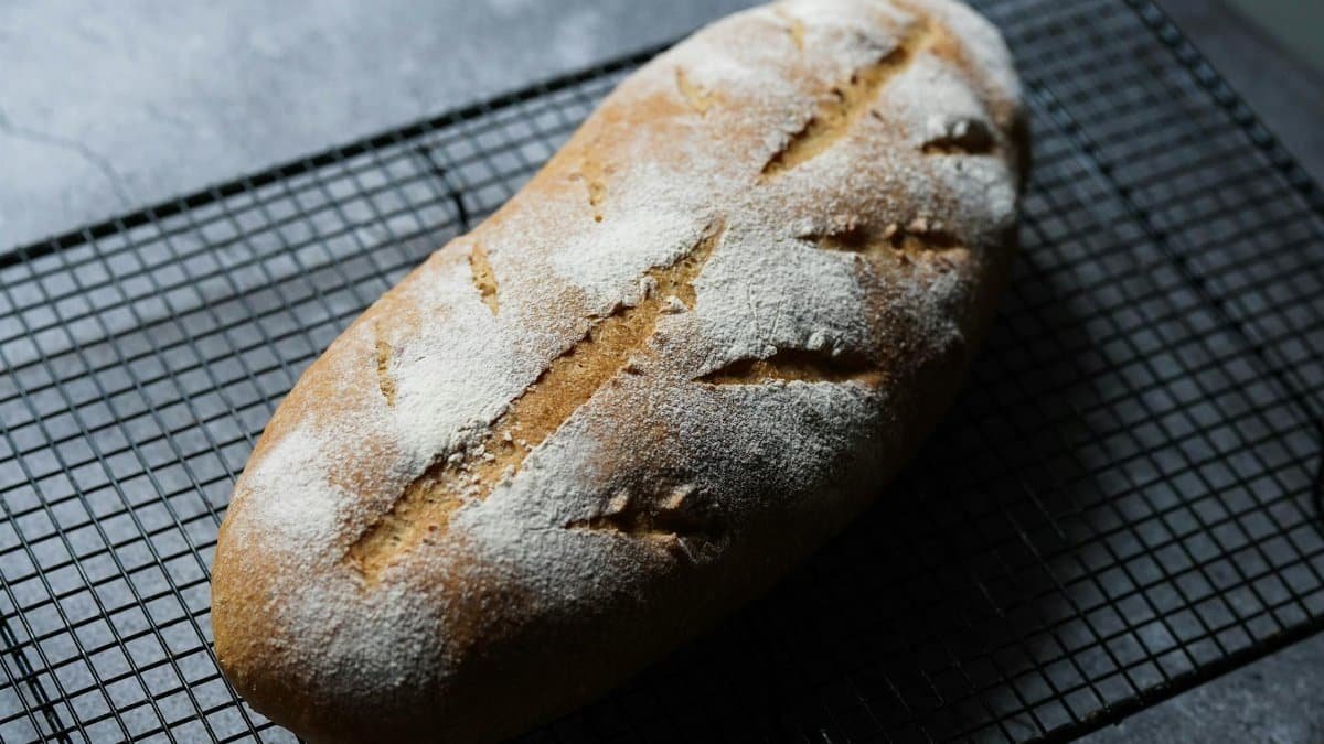 Delicious freshly baked sourdough bread with a crispy crust on a cooling rack in a cozy kitchen setting.