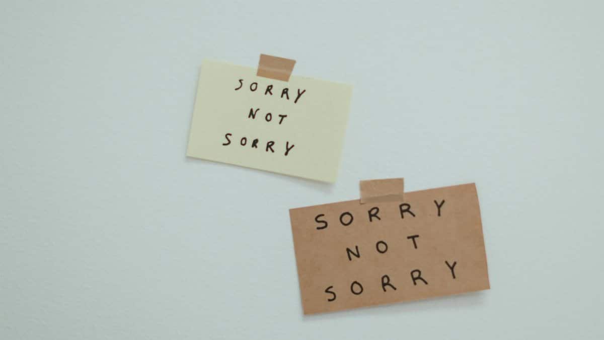 Two notes reading 'Sorry Not Sorry' taped to a wall, conveying a playful message.