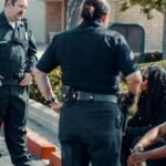Police officers interacting with seated individuals in an urban outdoor setting.