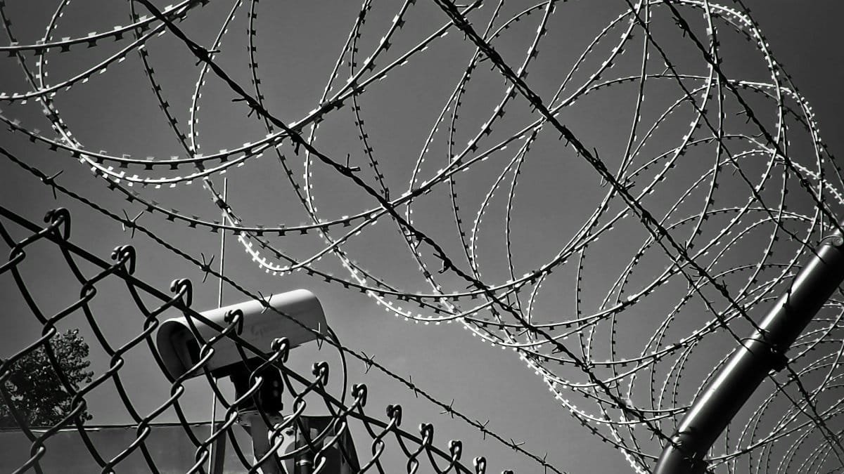 A black and white image featuring barbed wire and a security camera, symbolizing protection and surveillance.