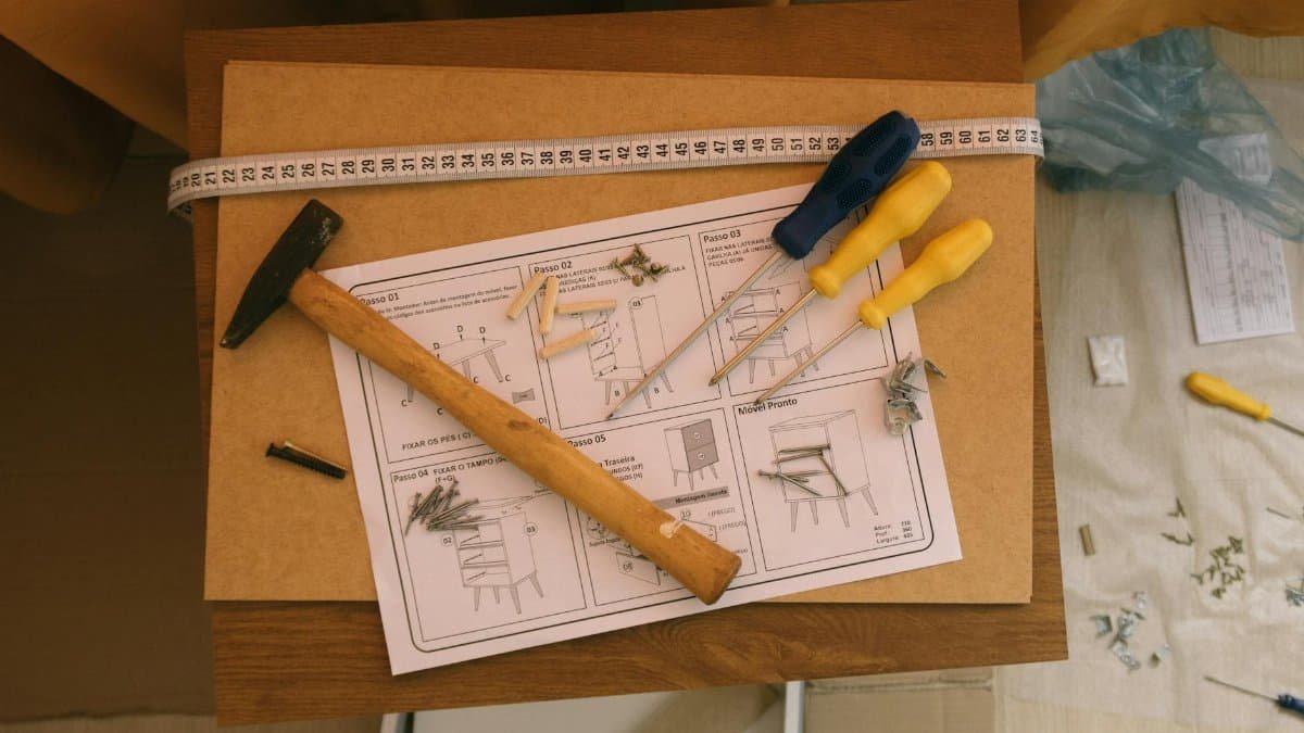 Hammer, screwdrivers, and instructions for assembling furniture. Perfect for DIY enthusiasts.