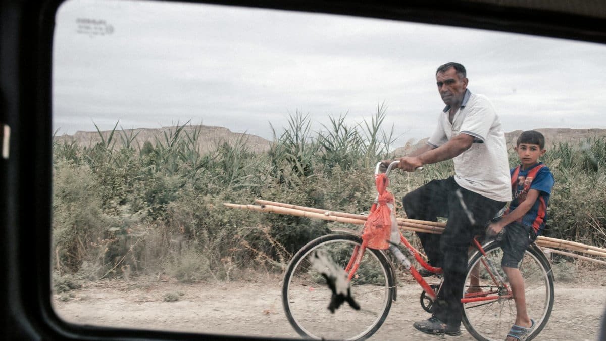 A father and son ride a bicycle with bamboo stalks on a rural road, seen through a car window.