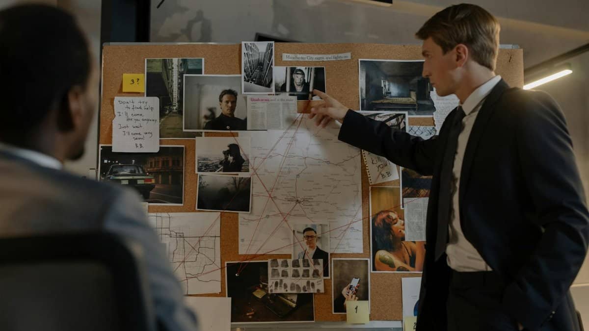 Two detectives discussing suspects and evidence on a cork board in an office setting.