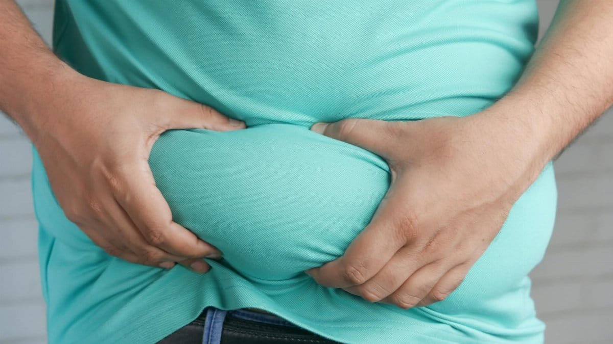 Close-up of hands gripping an overweight belly, depicting body fat focus.