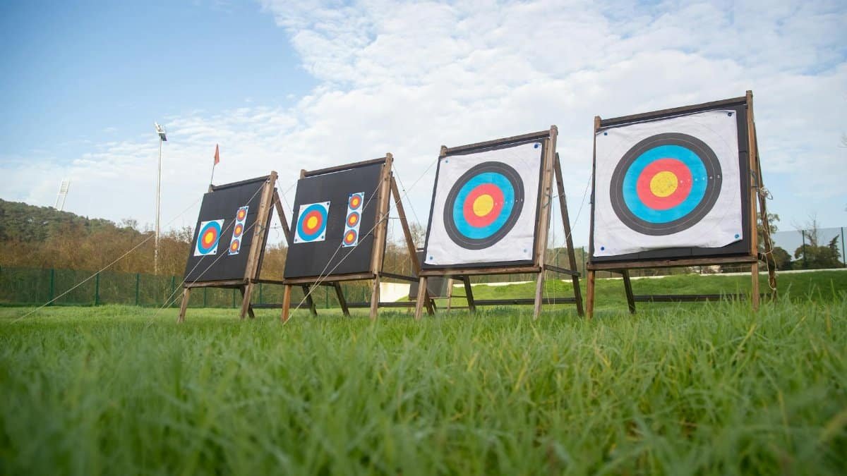 View of archery targets set up on a lush green field with a clear sky.