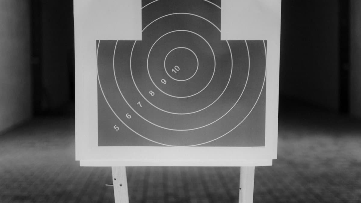 Black and white image of a shooting range target with numbered rings, highlighting aim precision.