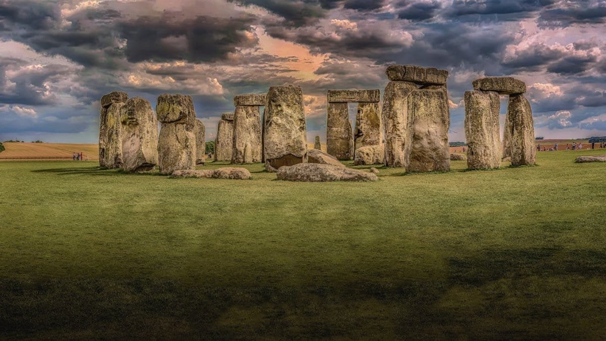 Panoramic view of Stonehenge with dramatic clouds in Wiltshire, England. Iconic prehistoric monument.