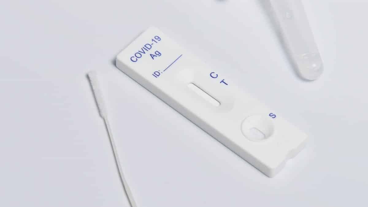 Close-up of a COVID-19 rapid antigen test kit showing the testing strip and swab.