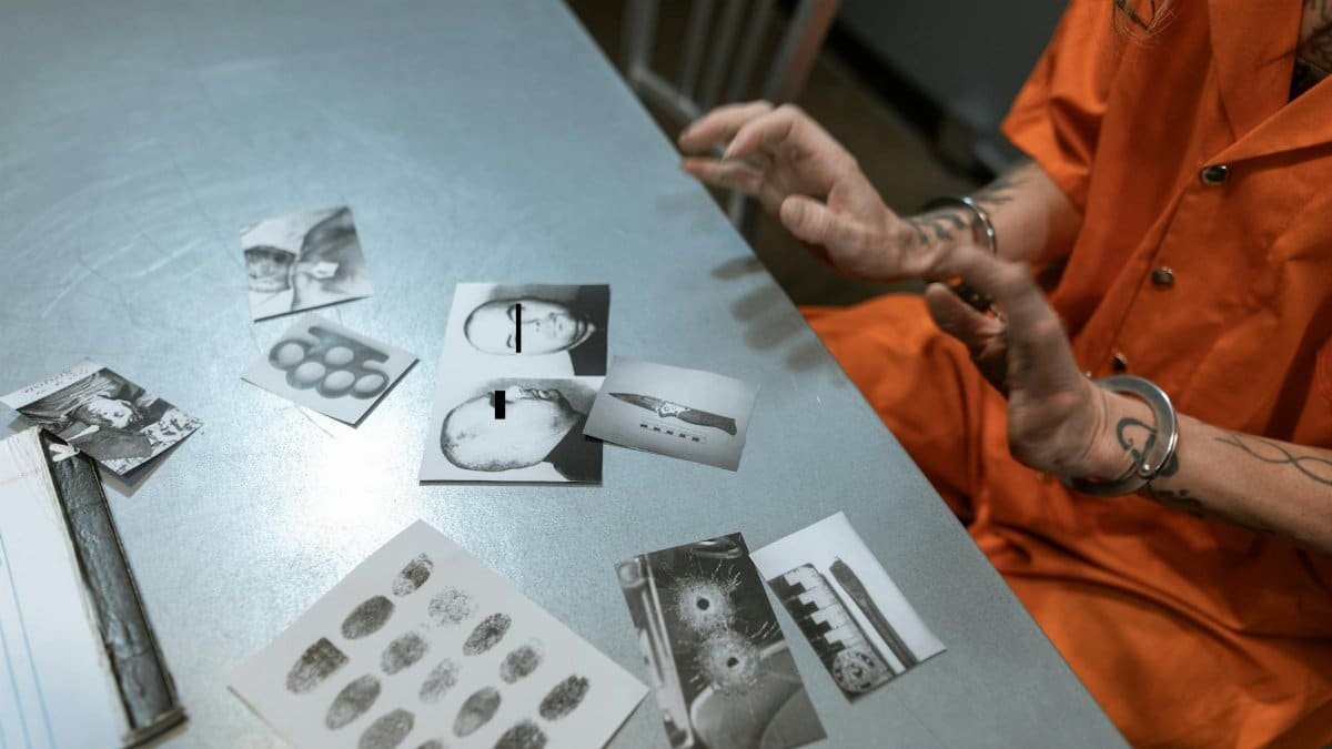 A prisoner in an orange jumpsuit reviews crime scene photos in a jail interrogation room.
