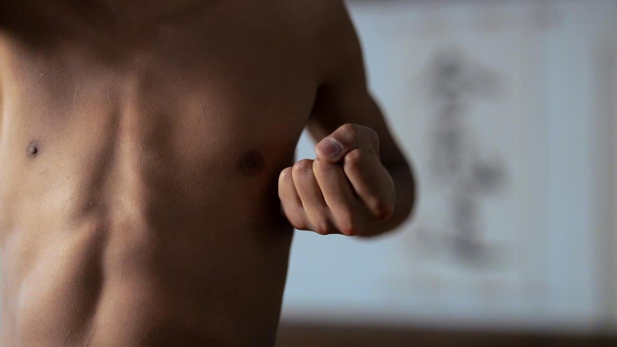 Chest and fist of a martial artist demonstrating focus in a blurred dojo setting.