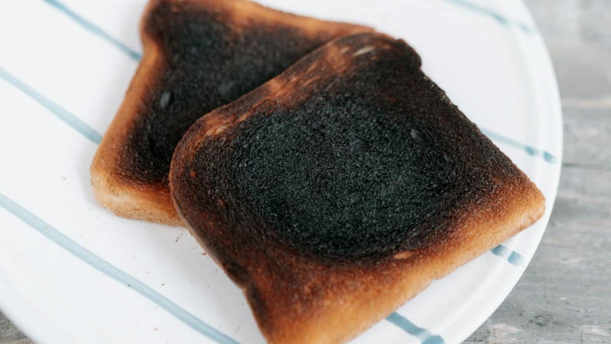 Two slices of burnt toast served on a white ceramic plate, perfect for breakfast or food concepts.