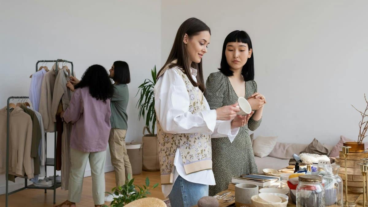 Four women browsing clothes and items at an indoor swap party, focused on sustainable living.