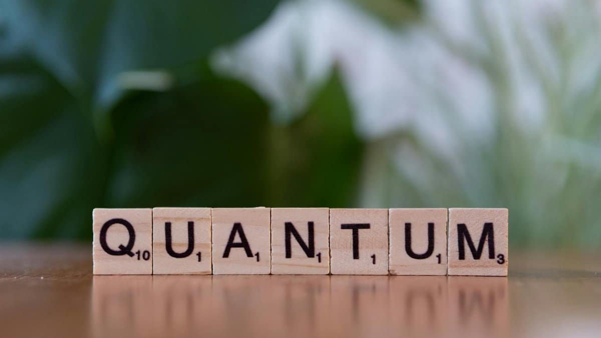 Creative depiction of 'quantum' using wooden letter blocks on a blurred natural background.