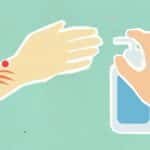 Paper cutout of person with contagious red viruses disinfecting hand with blue antiseptic during dangerous disease outbreak on green background