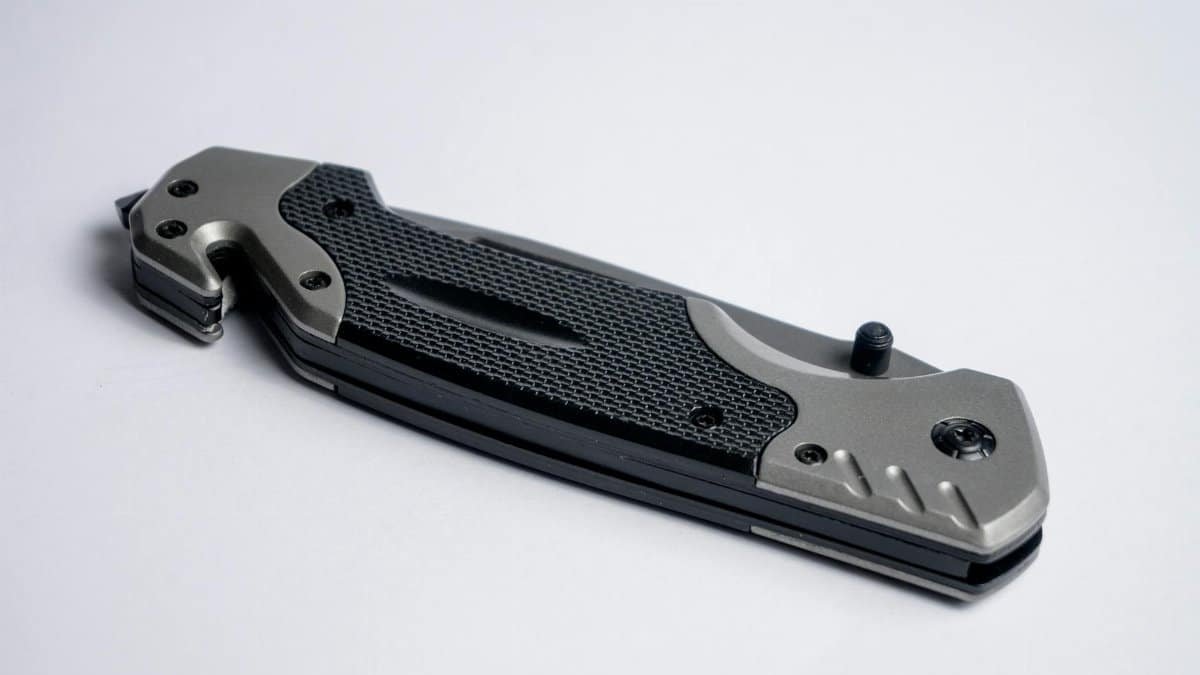 High-quality image of a folding knife with a sleek metallic finish on a white background.