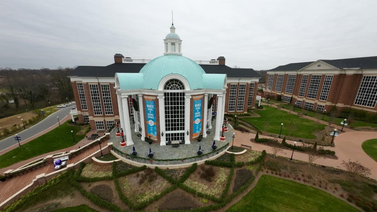 A panoramic aerial view of the iconic High Point University campus architecture in North Carolina.