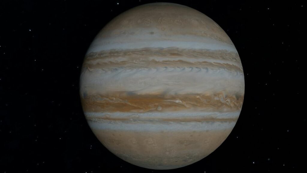 Detailed image of Jupiter showing stormy gas layers and iconic Great Red Spot.