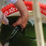 Street vendor prepares green gelatin dessert in colorful bowl illustrating traditional street food culture.