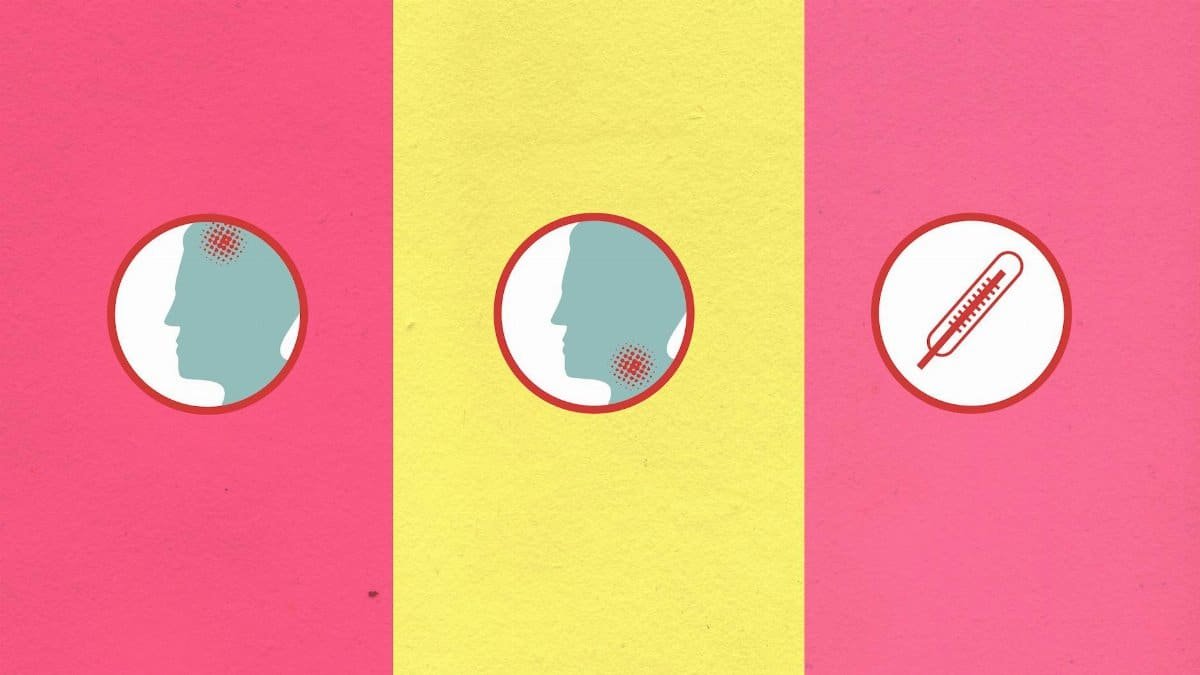 Creative illustration showing symptoms like headache and sore throat with a thermometer on a vibrant background.