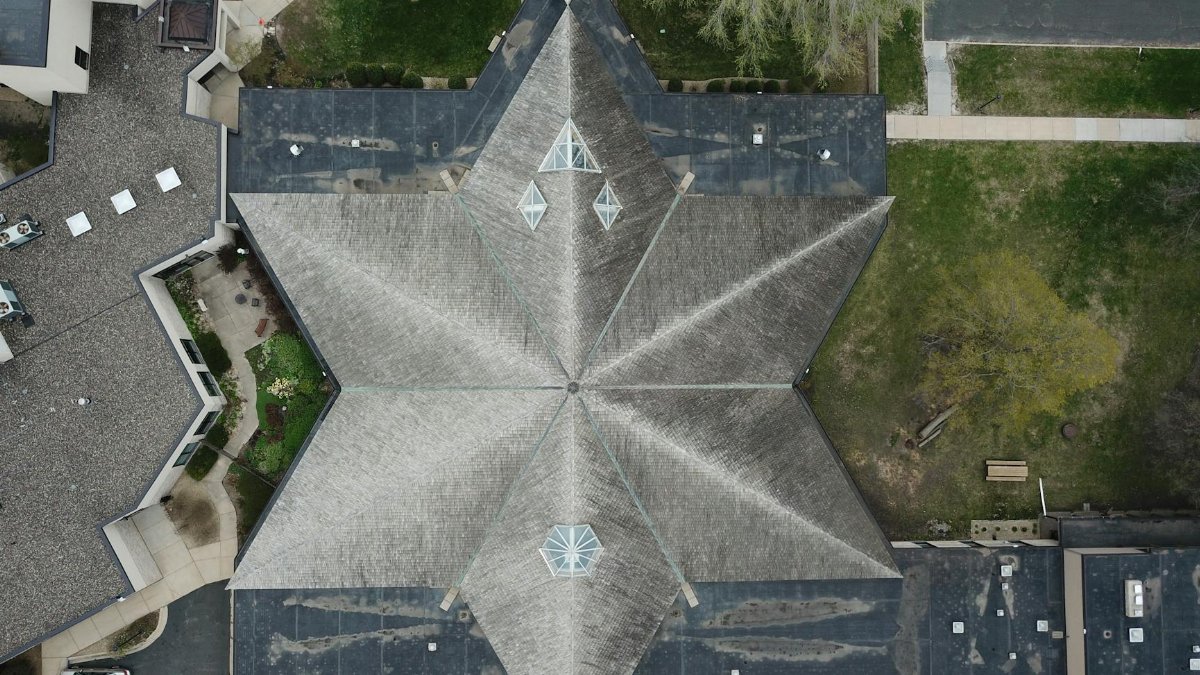 Aerial image showcasing the unique star-shaped roof of a building in Mound, Minnesota.