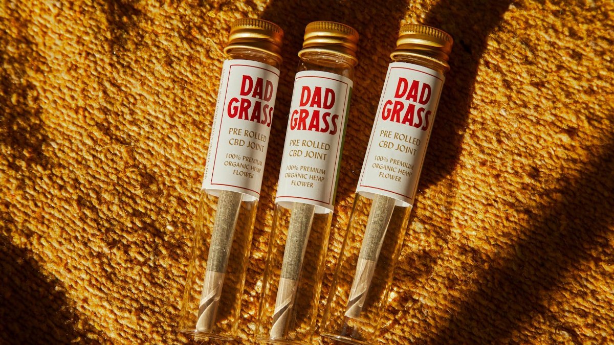 Three CBD pre-rolled joints in glass tubes labeled 'Dad Grass' on a textured surface.