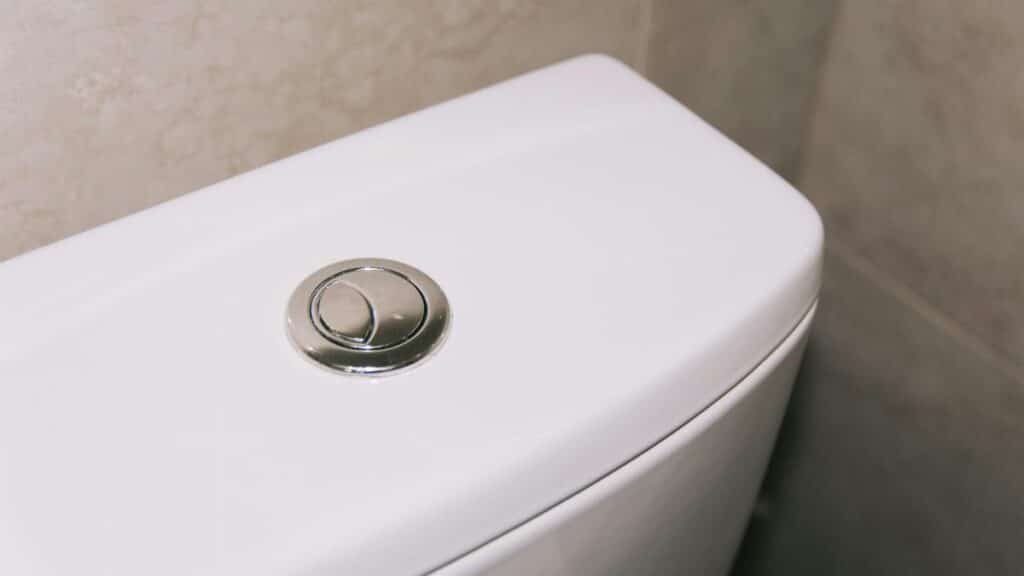 Close-up of a modern dual flush toilet with a chrome button, highlighting clean and contemporary design.