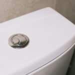 Close-up of a modern dual flush toilet with a chrome button, highlighting clean and contemporary design.
