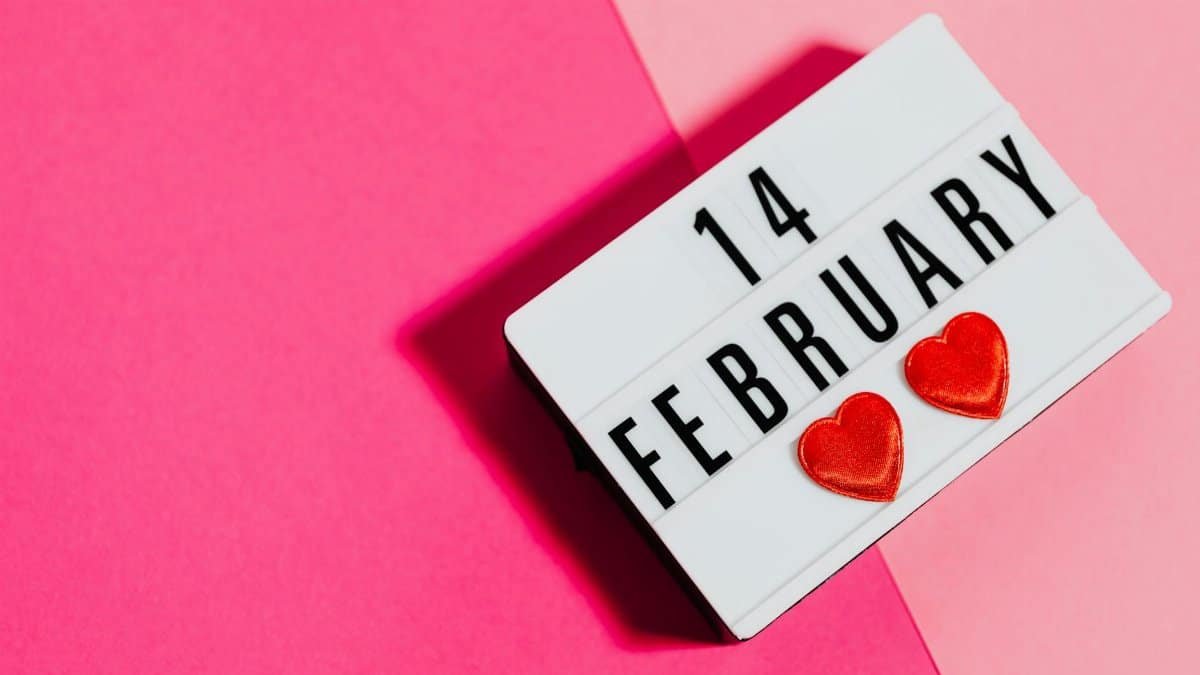 Lightbox display showing '14 February' with hearts on pink background.