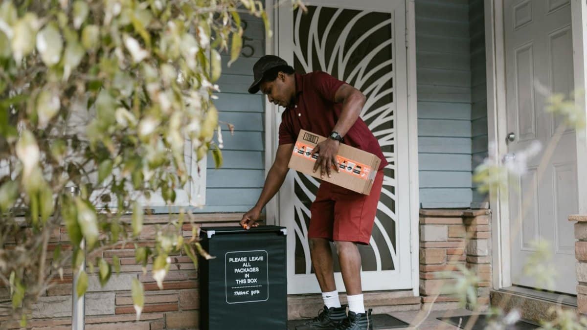A courier delivering a package to a porch, placing it in a designated box.