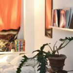A snug bedroom featuring a plant, vinyl records, and vibrant curtain lighting.