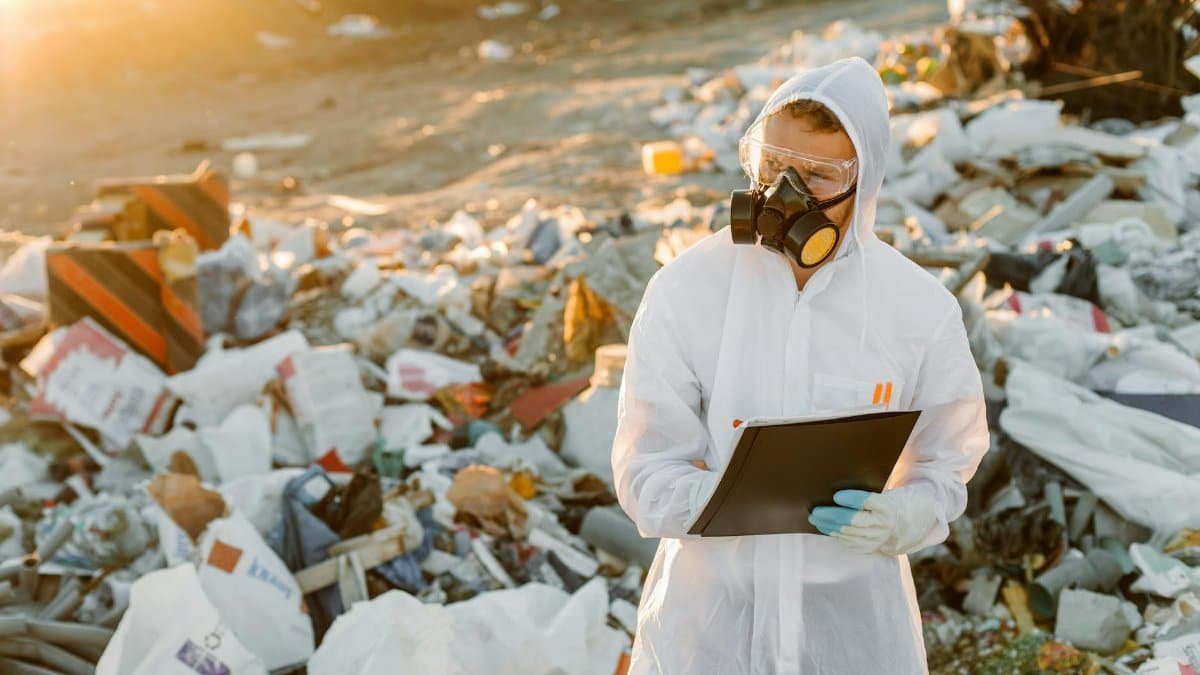 Scientist in protective gear documenting pollution at a garbage dump site outdoors.