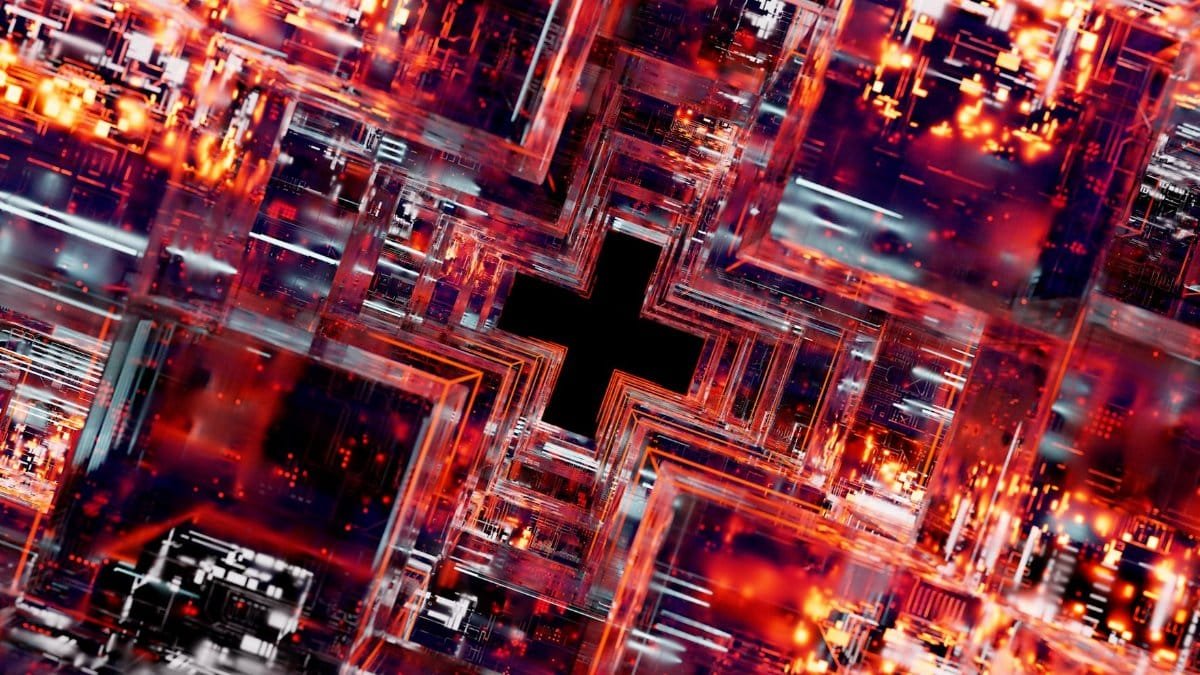 Abstract image depicting high-tech digital circuits and glowing LED lights.