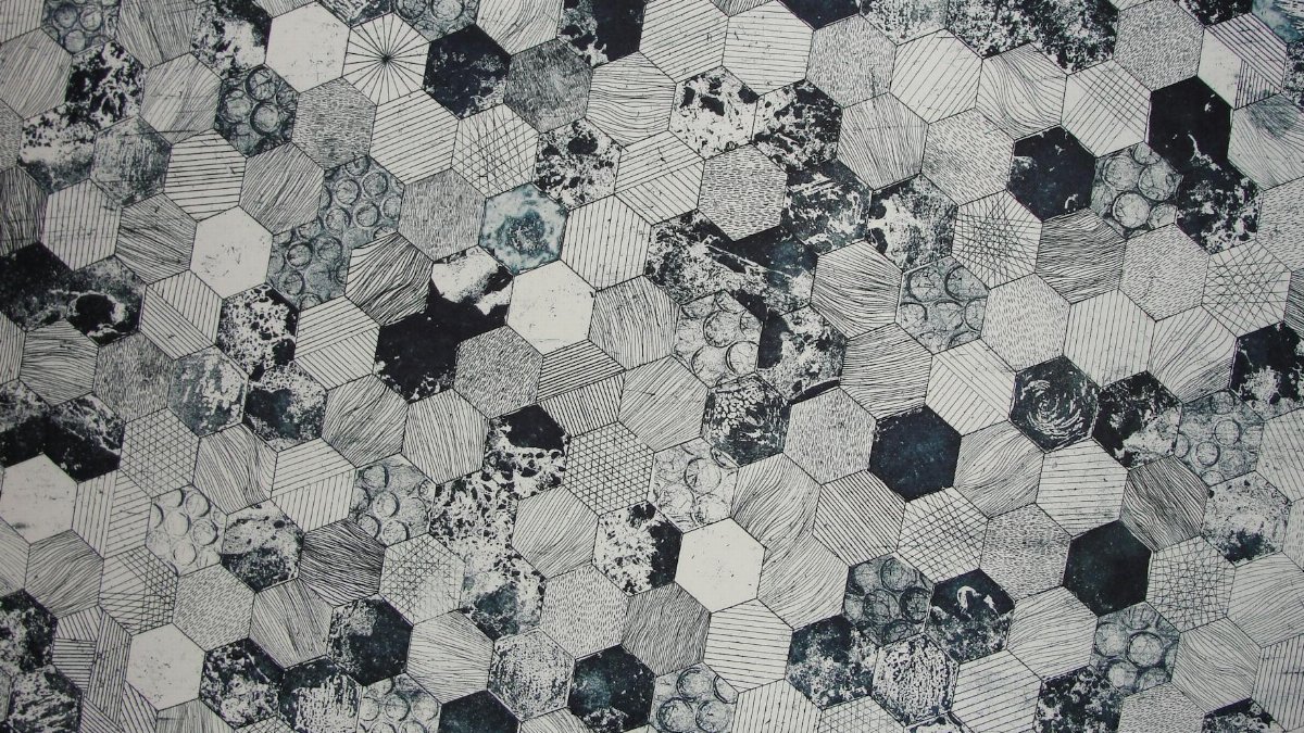 Abstract black and white hexagonal pattern with textured and geometric designs, ideal for backgrounds.