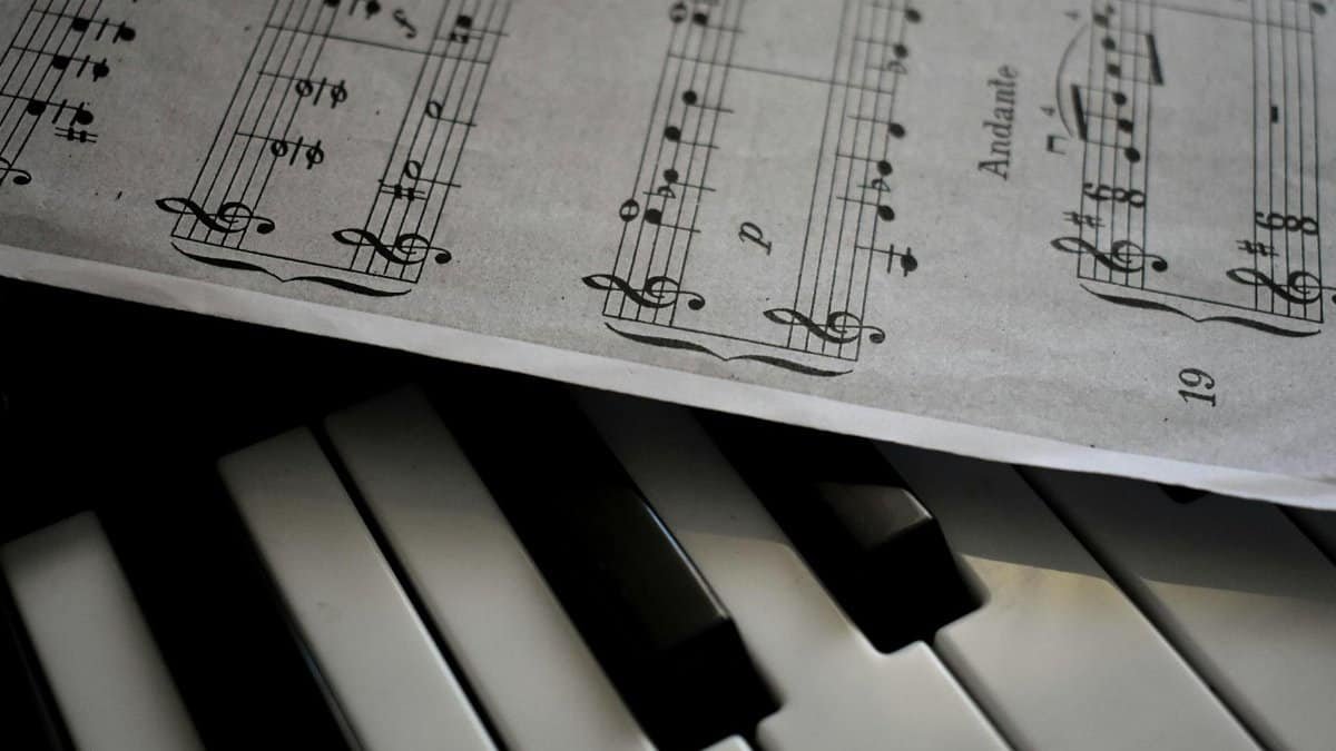 A detailed view of piano keys alongside a sheet of musical notation, emphasizing harmony.