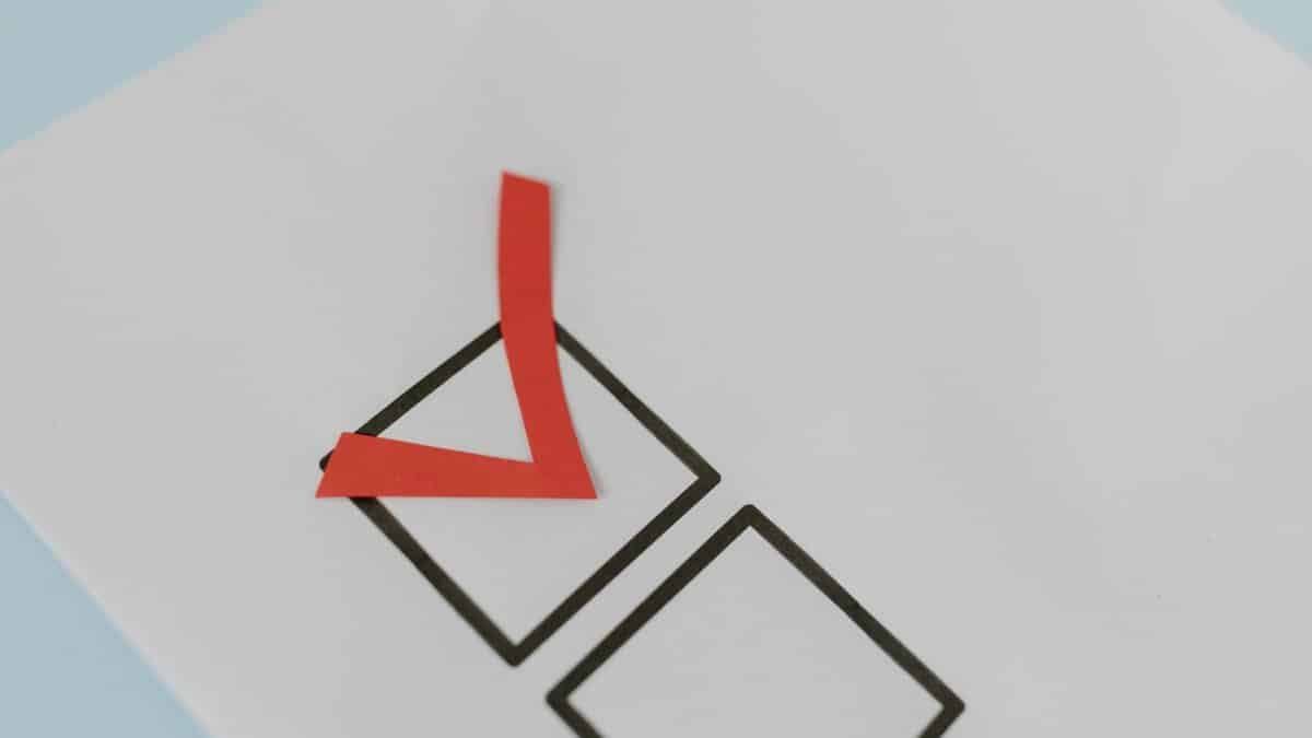 Close-up of a red check mark on a crisp white paper with black boxes, symbolizing completion.