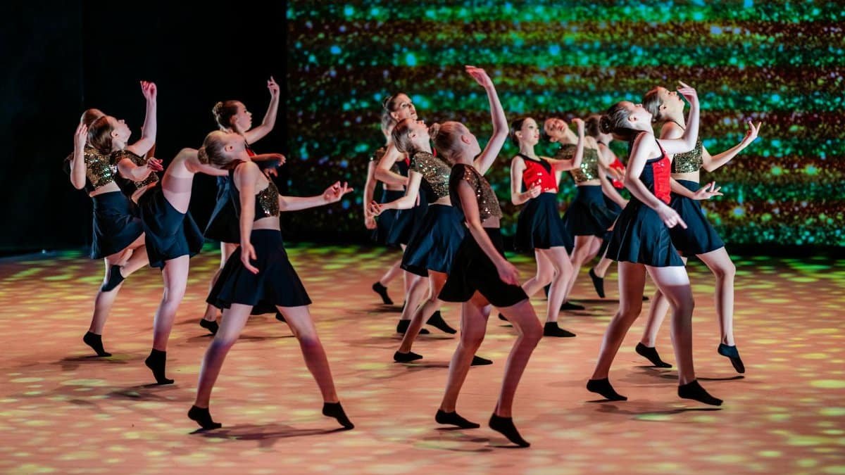 Energetic dance group of young performers in a captivating stage show.
