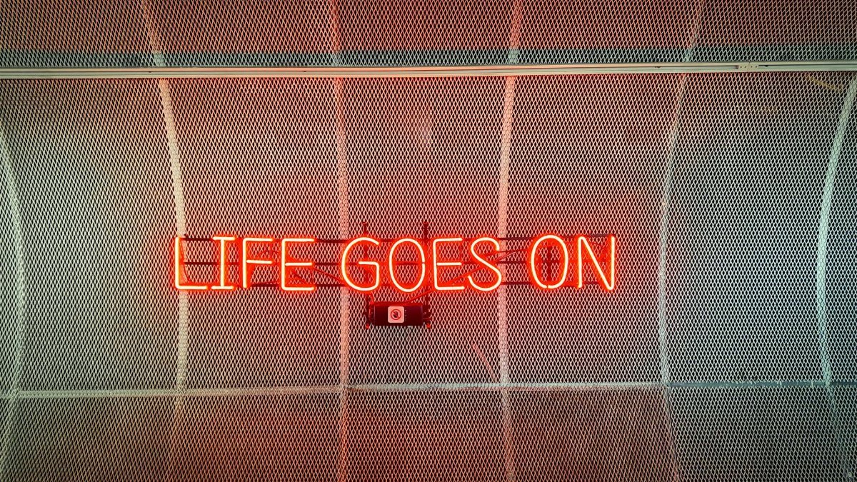 Bright neon sign reading 'Life Goes On' against a mesh background in Seoul.