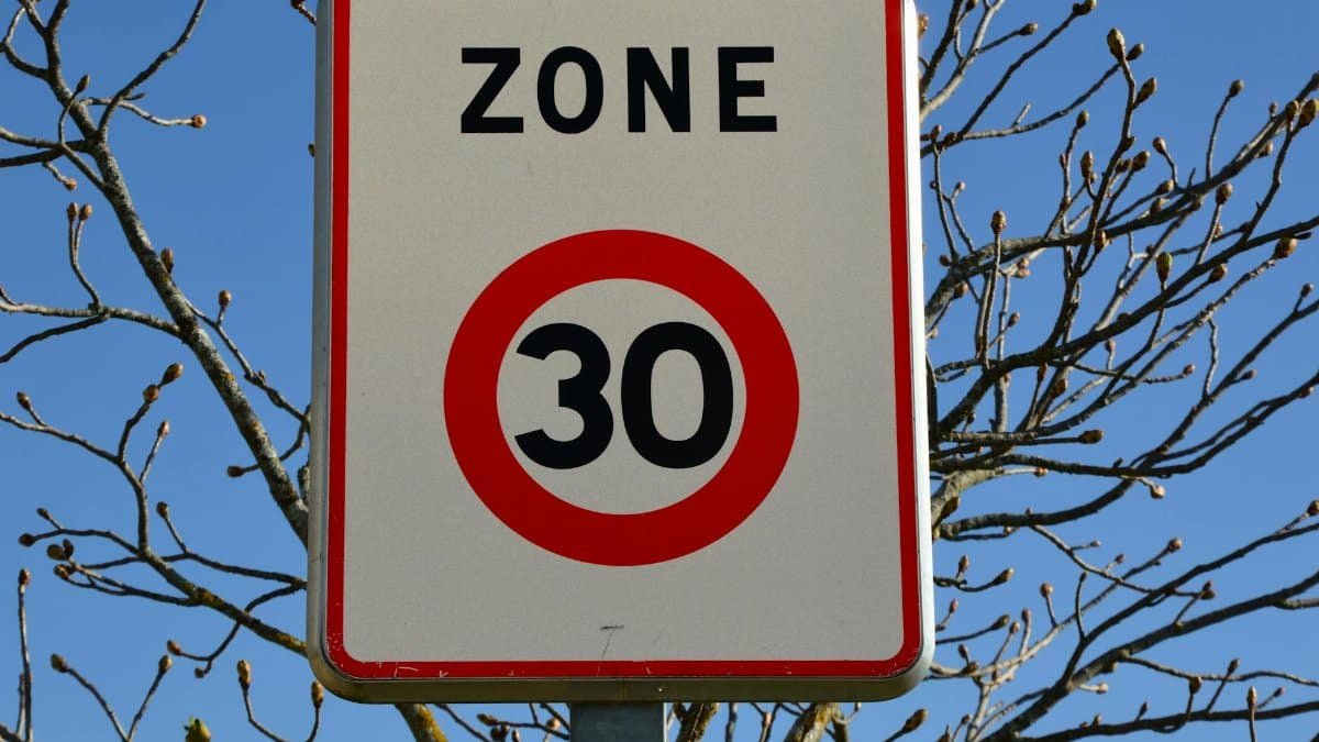 Close-up of a 30 zone road sign with a tree and blue sky backdrop, signaling speed limit.