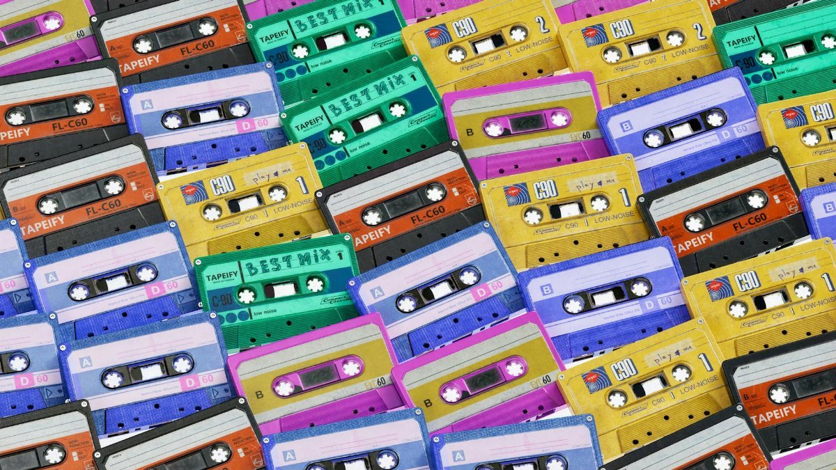 Colorful retro cassette tapes arranged in a vibrant pattern, evoking 90s nostalgia.