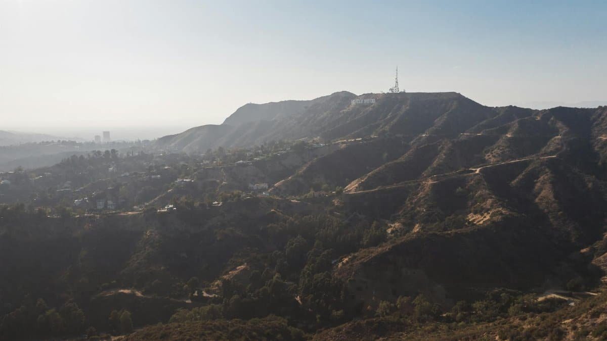 Stunning aerial view of the Hollywood Hills with the iconic sign in Los Angeles, California.