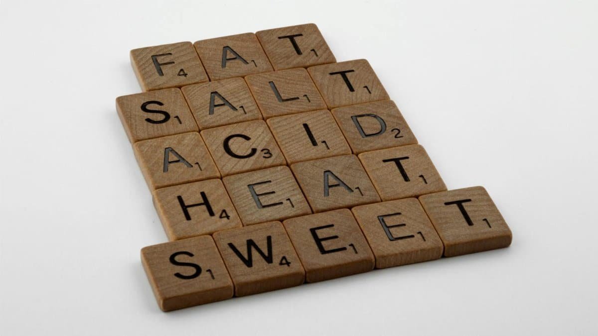 Wooden Scrabble tiles arranged to form the words FAT, SALT, ACID, HEAT, and SWEET on a white surface.