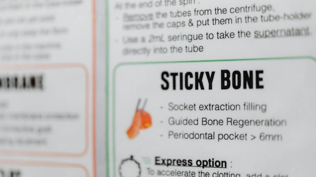 A detailed close-up of medical instructions for sticky bone use in dental care.