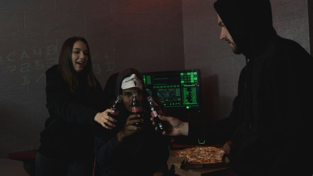 Group of hackers celebrating a successful hack with pizza and soda indoors.